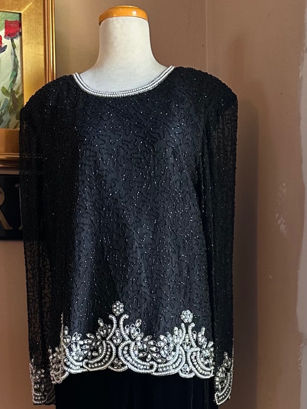 VTG NWT 80's Laurence Kazar Black Sequined Long Sleeve Silk Blouse